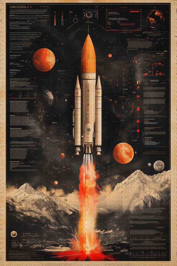 Keşif Ruhu – Retro Roket Ahşap Poster