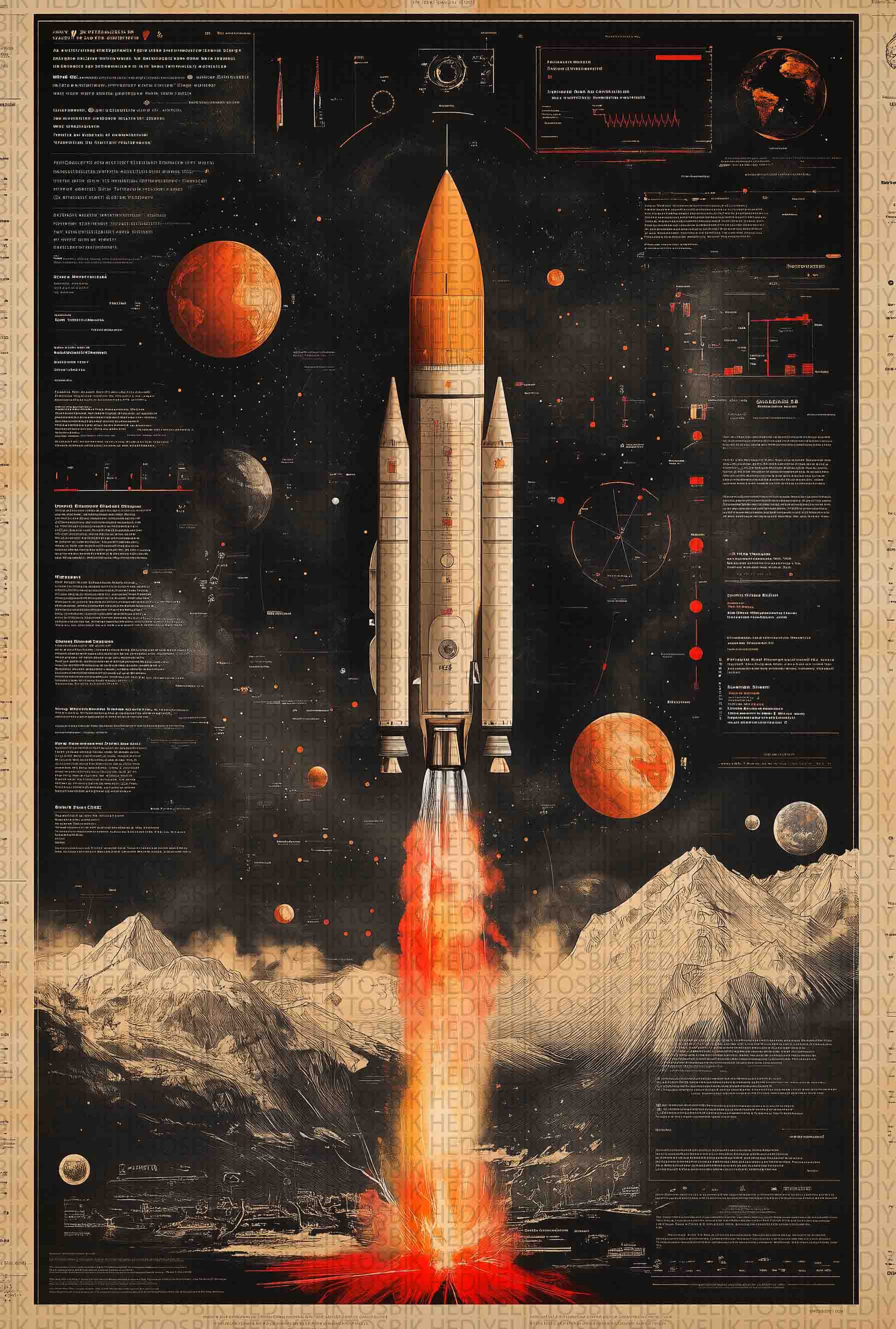 Keşif Ruhu - Retro Roket Ahşap Poster