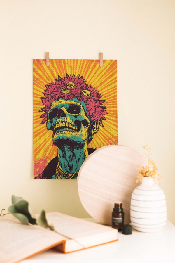Psychedelic Kafatası – Renkli Pop Art Ahşap Poster