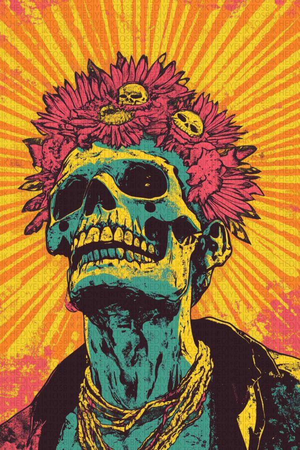 Psychedelic Kafatası – Renkli Pop Art Ahşap Poster