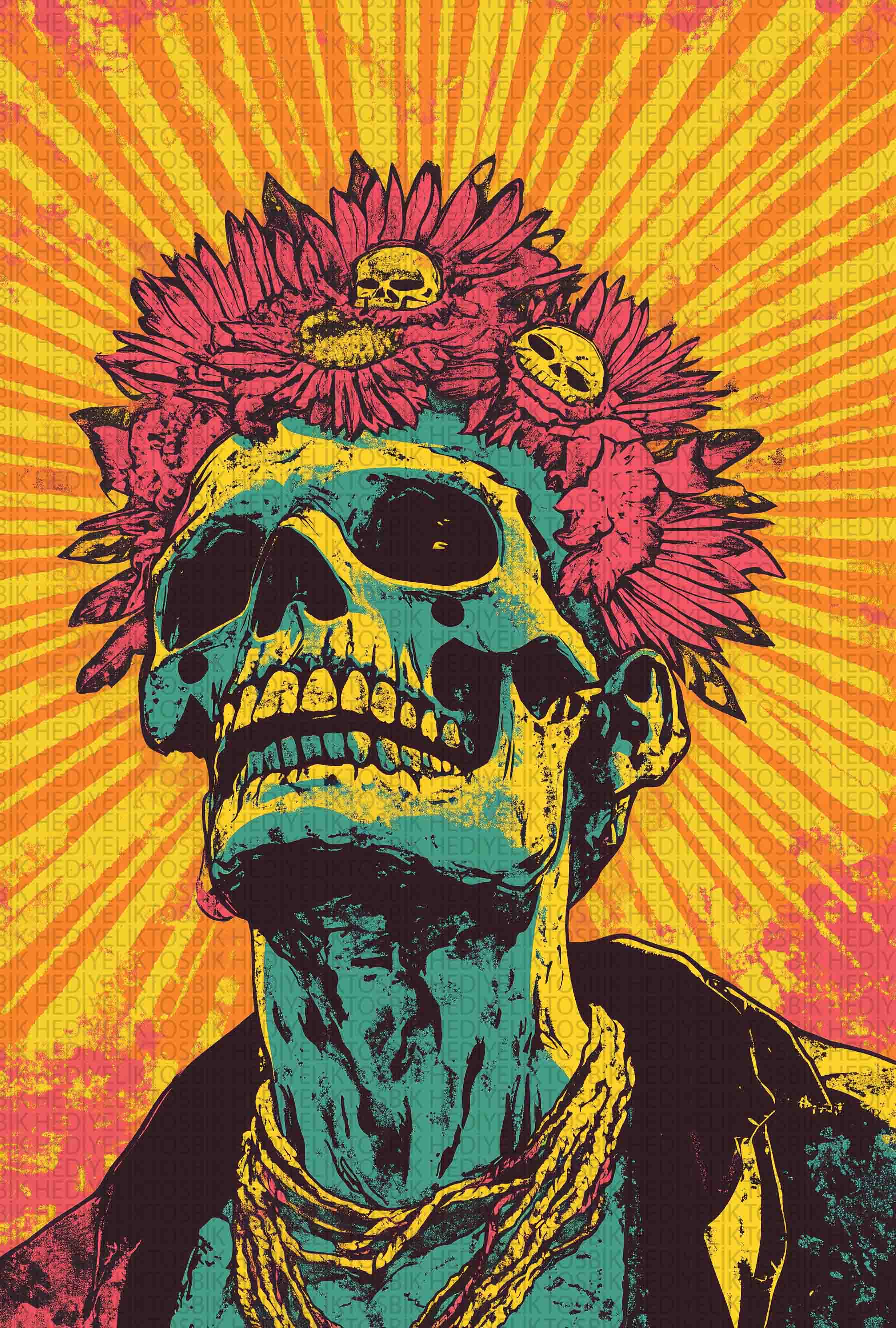 Psychedelic Kafatası - Renkli Pop Art Ahşap Poster