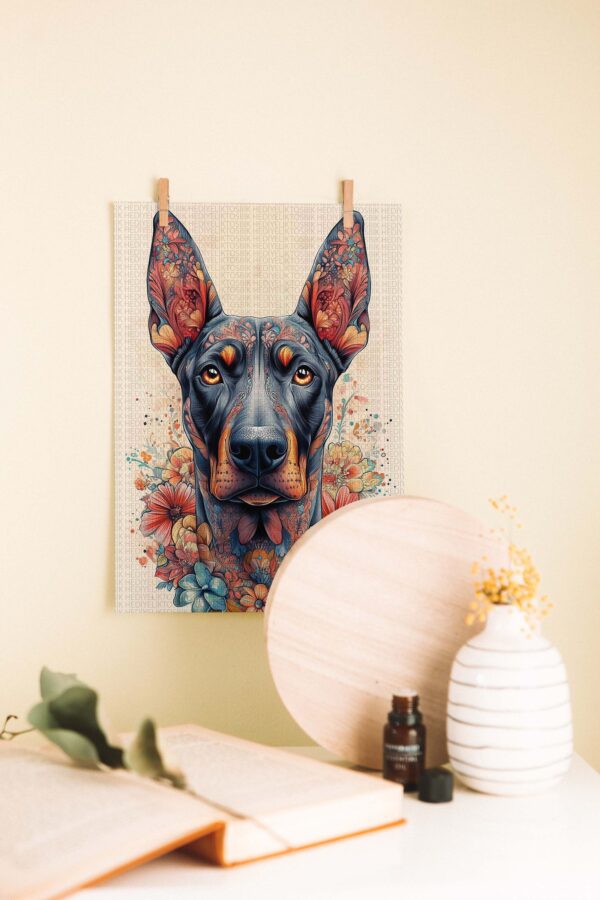 Çiçeklerle Doberman – Bohem Ahşap Poster