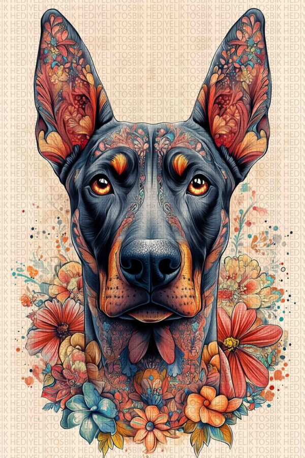 Çiçeklerle Doberman – Bohem Ahşap Poster