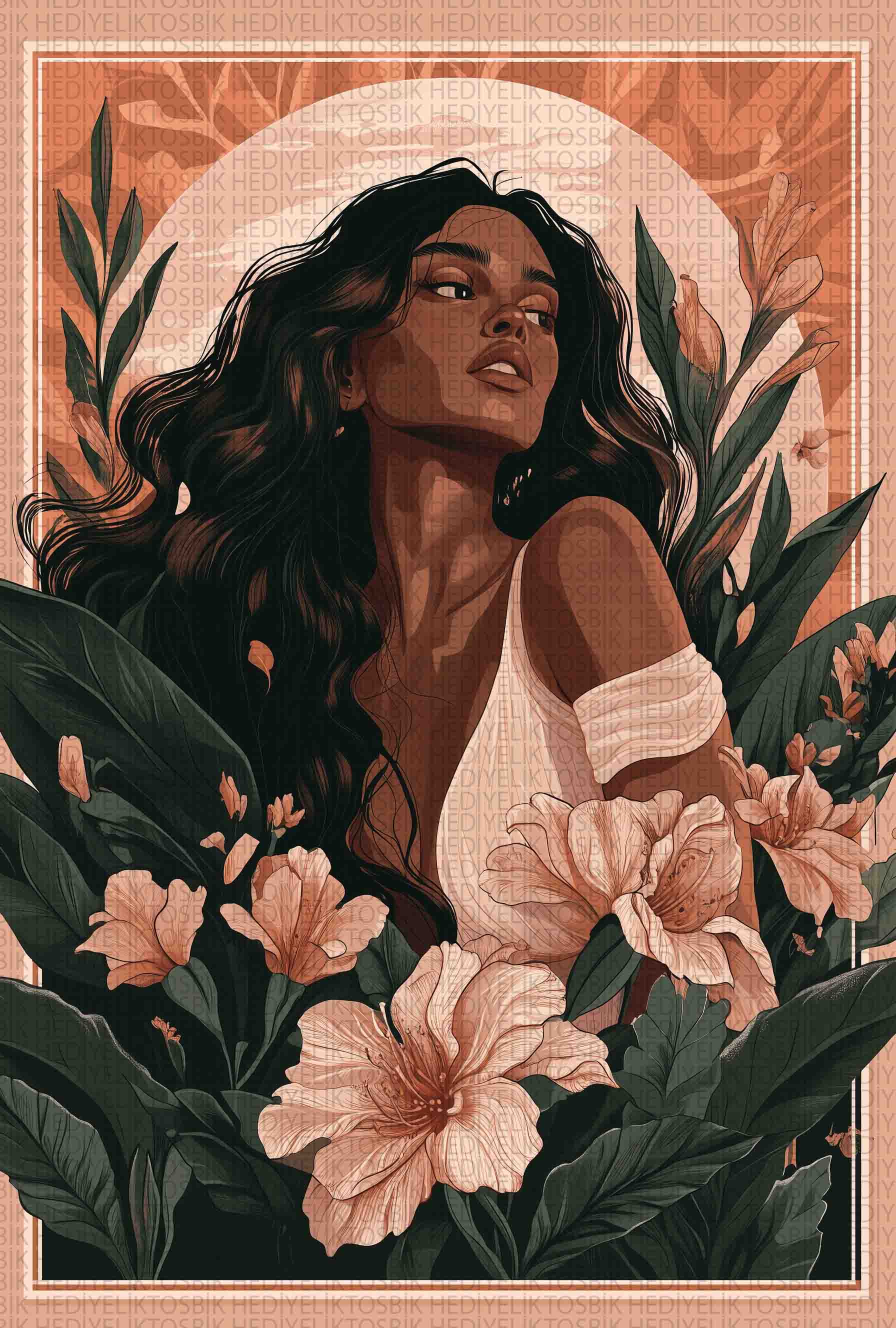 🌺 Çiçeklerin İçinde Kadın – Bohem Ruhlu Ahşap Poster