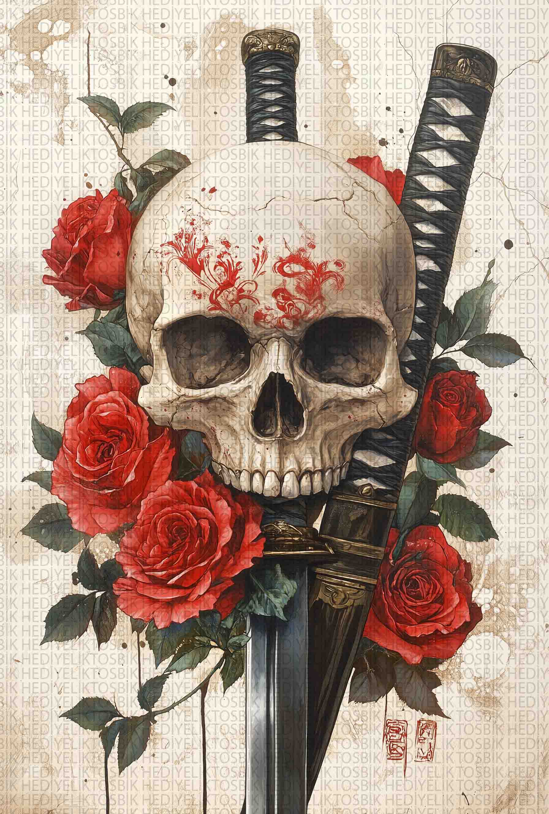Gül ve Kılıç Arasında – Kafatası ve Katana Temalı Ahşap Poster