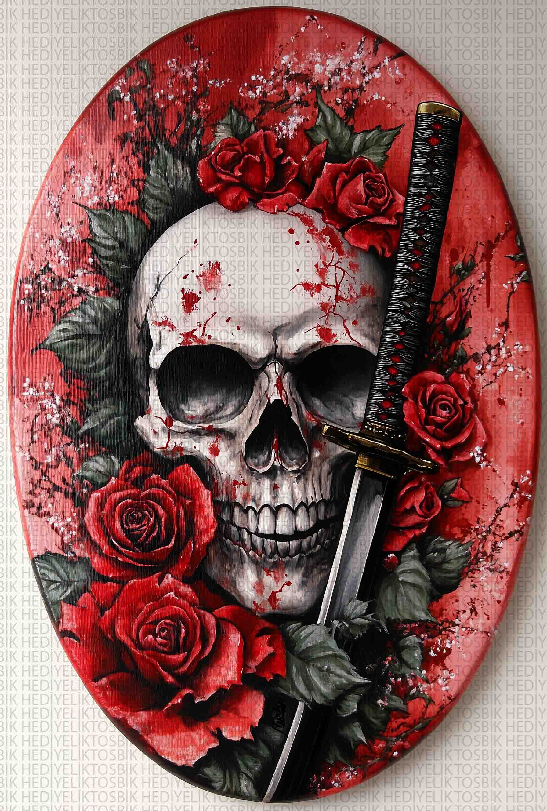 Kırmızı Sessizlik – Gotik Katana ve Kafatası Temalı Ahşap Poster