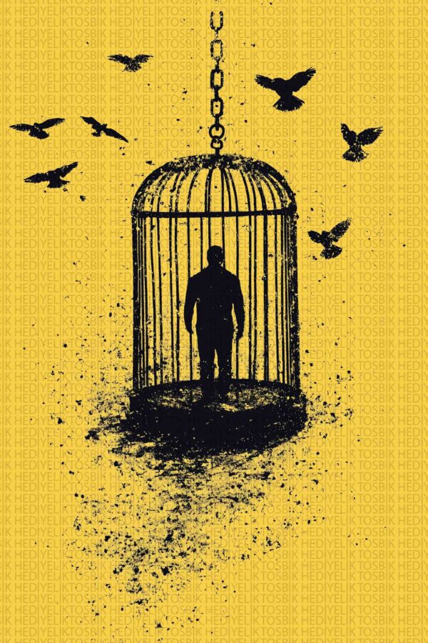 Kafesteki İnsan – Özgürlük Temalı Sarı Minimal Ahşap Poster