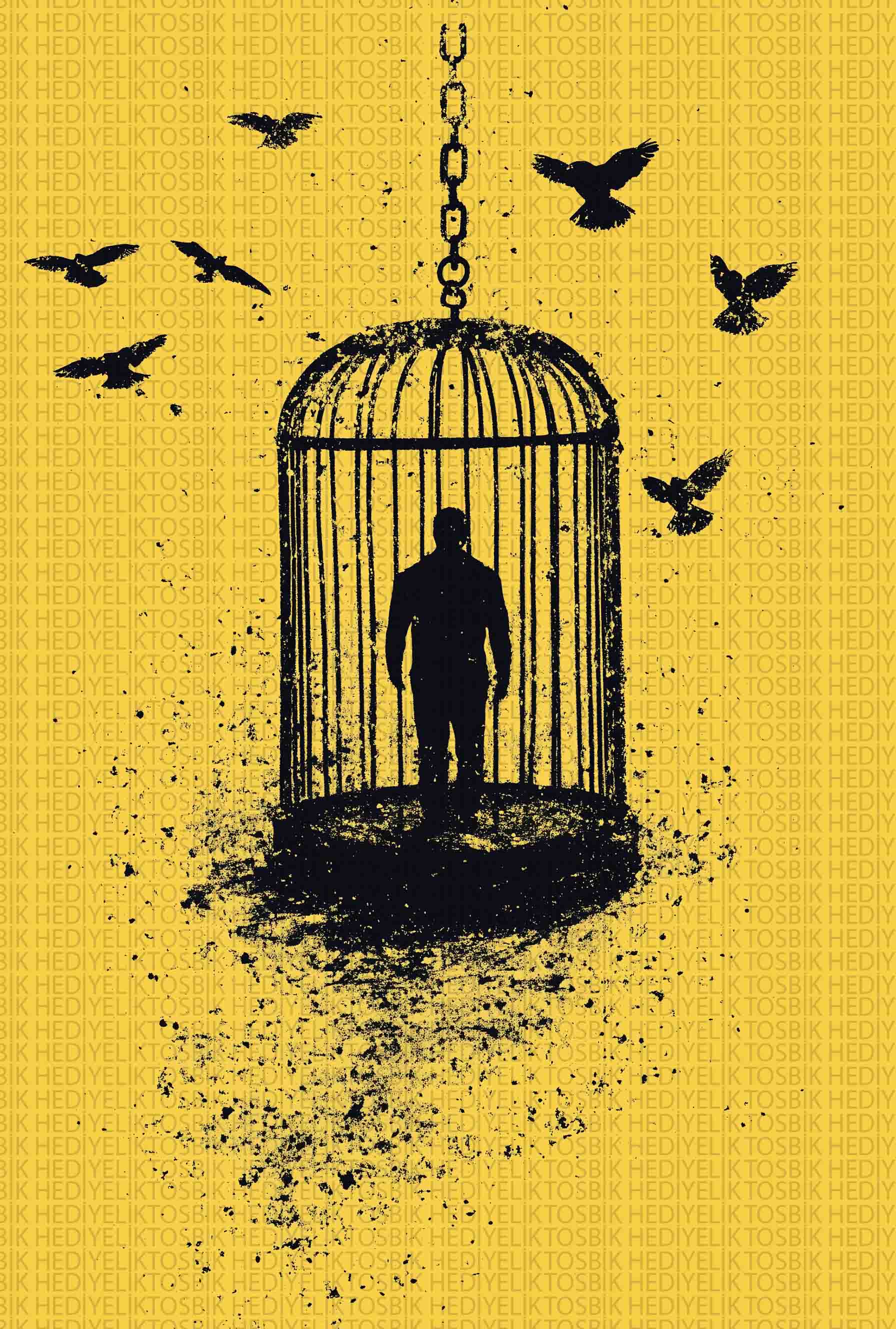Kafesteki İnsan – Özgürlük Temalı Sarı Minimal Ahşap Poster