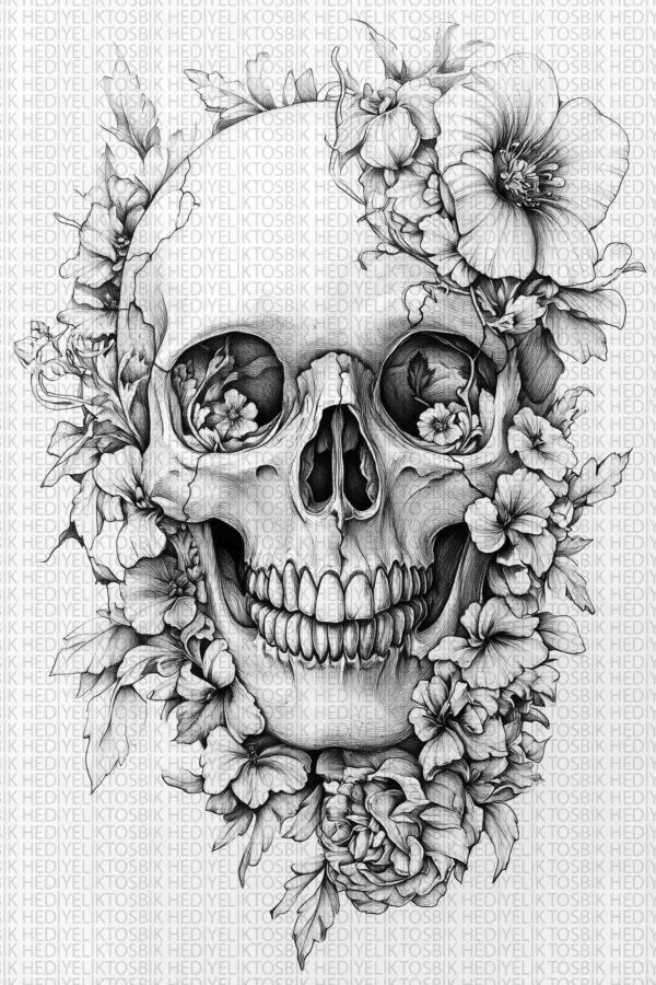 Floral Skull – Çiçeklerle Sarılmış Kurukafa Ahşap Poster