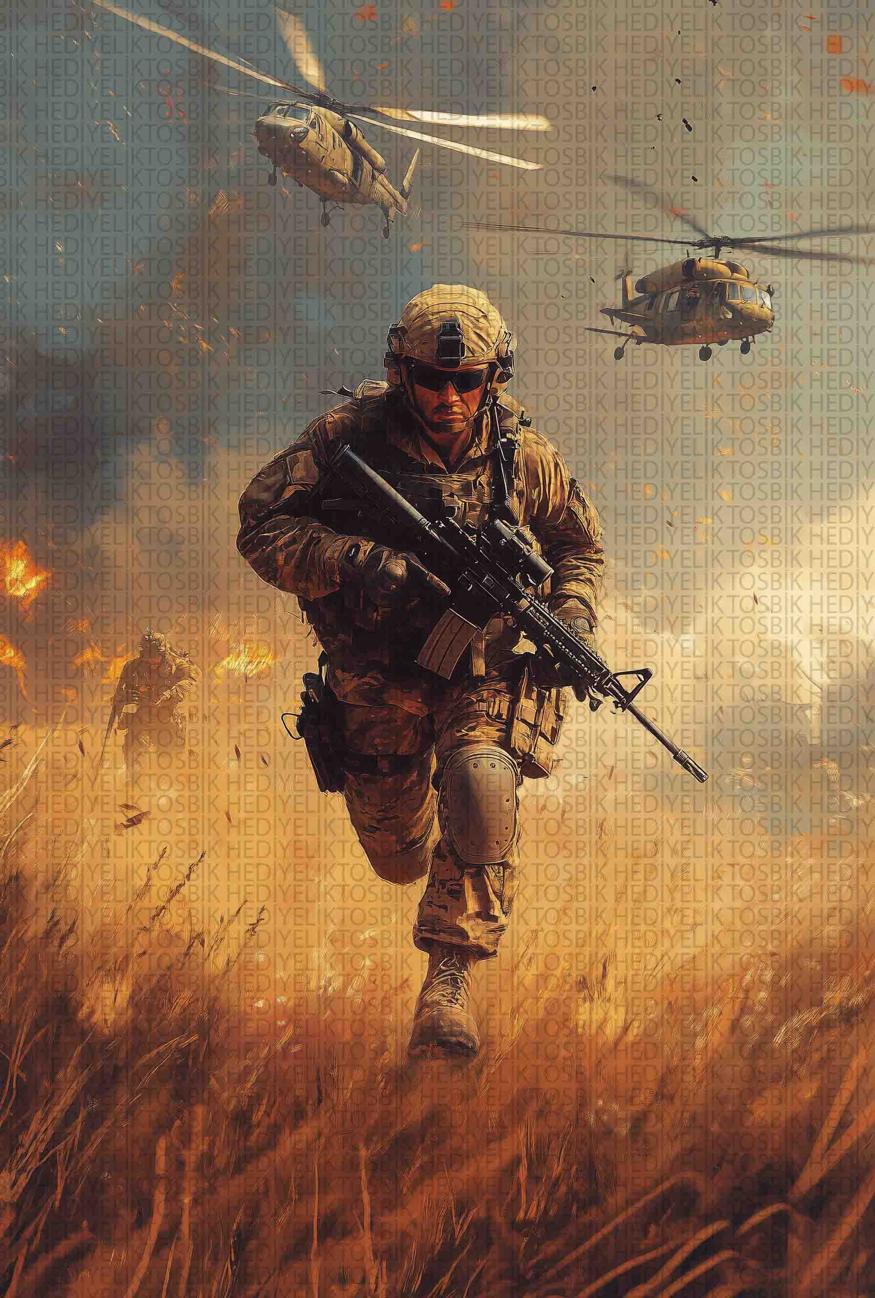 Savaşın Kalbinde – Asker ve Helikopter Temalı Ahşap Poster