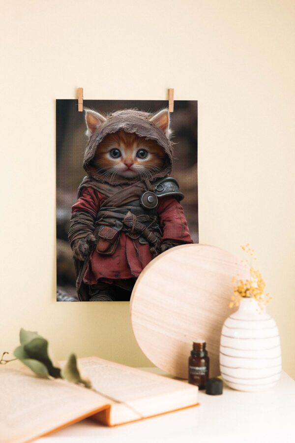Minik Savaşçı Kedi – Ortaçağ Temalı Sevimli Ahşap Poster