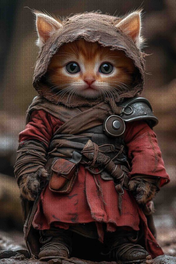 Minik Savaşçı Kedi – Ortaçağ Temalı Sevimli Ahşap Poster