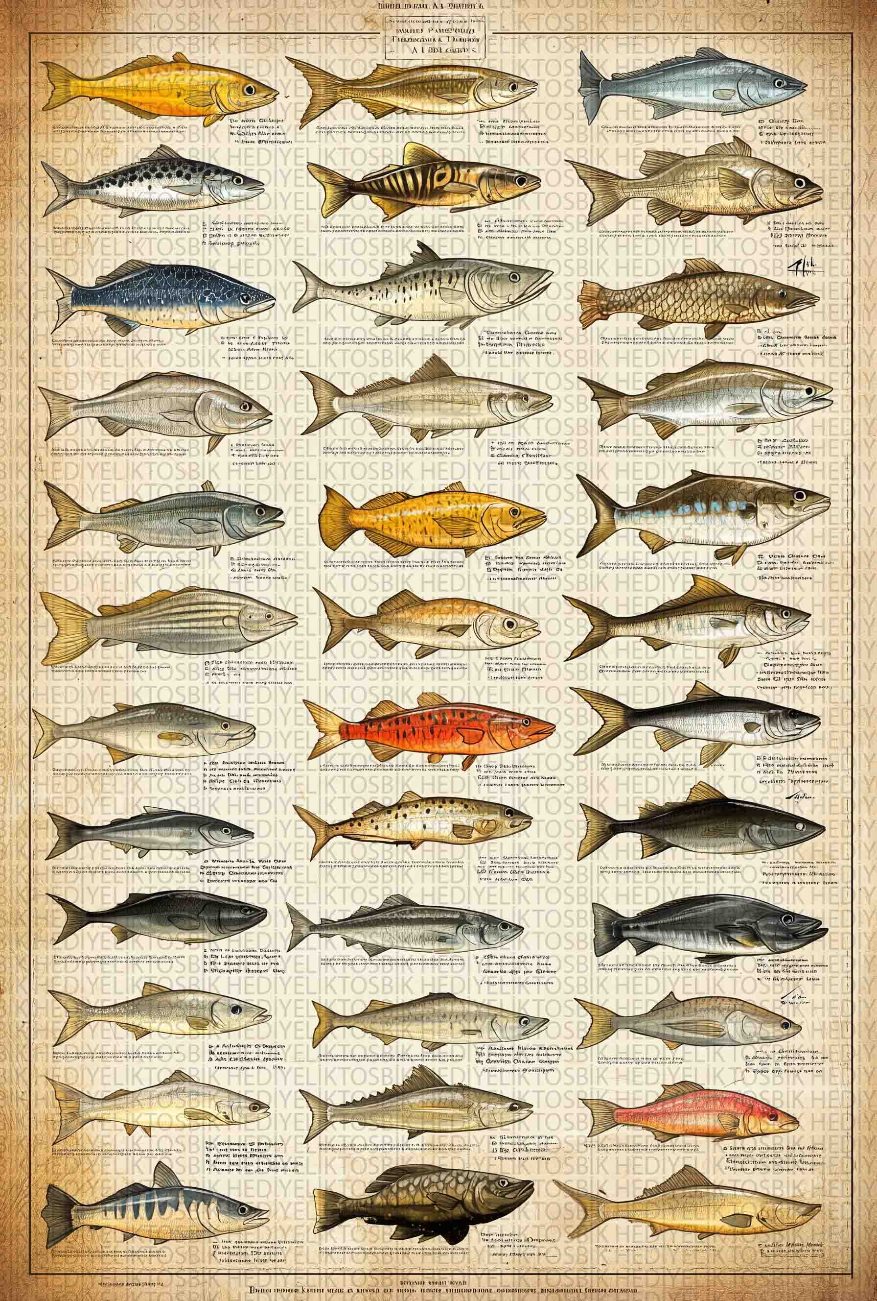 Vintage Balık Türleri İllüstrasyonu – Bilimsel Tarzda Ahşap Poster