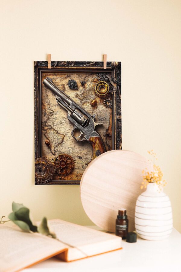 Zamanın Tetiği – Steampunk Harita Üzerinde Revolver Ahşap Poster