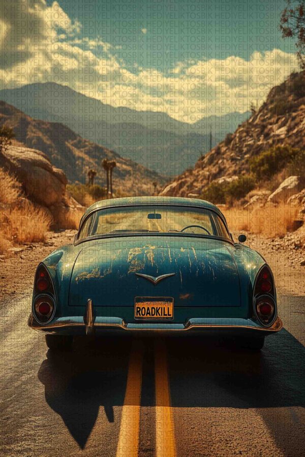 Roadkill Ruhu – Retro Araba ile Çöl Yolu Ahşap Poster