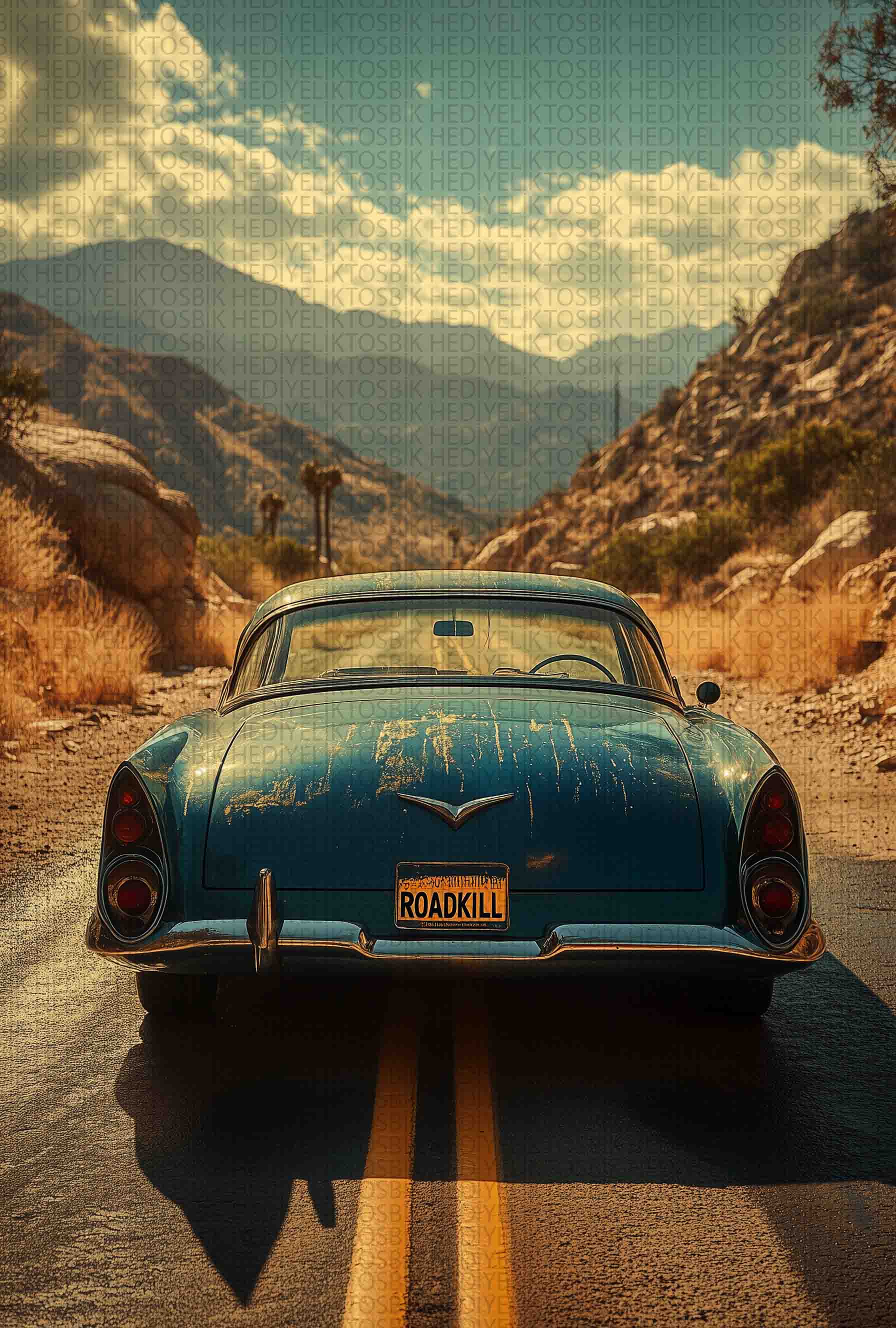 Roadkill Ruhu – Retro Araba ile Çöl Yolu Ahşap Poster
