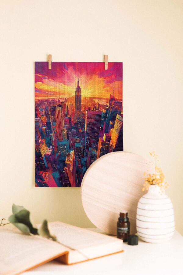 Empire Güneşi – Neon Renklerde New York Şehir Manzarası Ahşap Poster