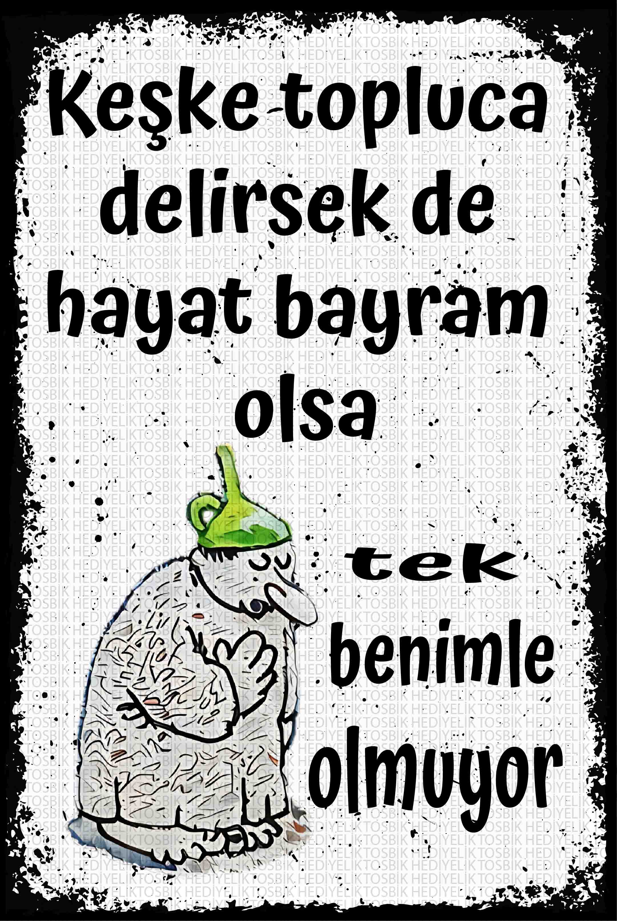 Keşke Topluca Delirsek de Hayat Bayram Olsa – Mizahi Ahşap Poster